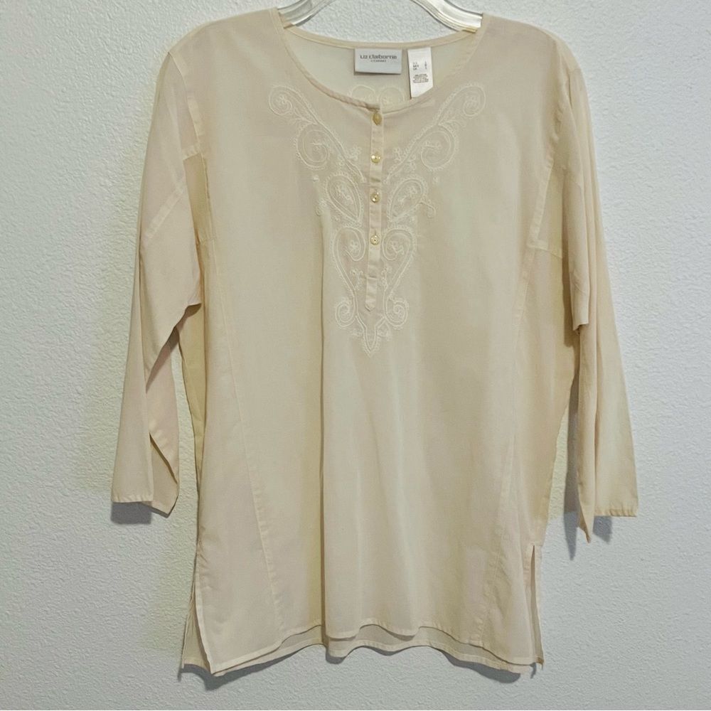 NWOT LIZ CLAIBORNE Neutral Ivory Cotton Embroidered Relaxed Split Neck Tunic L